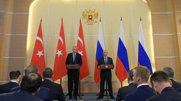 Russian President Vladimir Putin (R) and his Turkish counterpart Recep Tayyip Erdogan give a joint press conference following their talks in the Black sea resort of Sochi on October 22, 2019. (AFP)