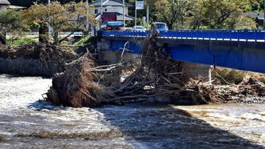 Damaged trees move along a flooded river after heavy rain in Iwaki city, Fukushima prefecture on October 26, 2019. Rescuers worked by hand to clear debris from a landslide triggered by heavy rains in central Japan on October 26. (AFP)