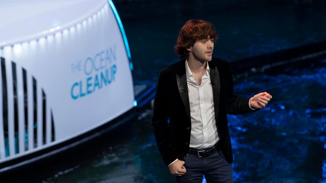 Young Dutch inventor Boyan Slat unveils the Interceptor in Rotterdam, Netherlands, Saturday, Oct. 26, 2019. (AP)