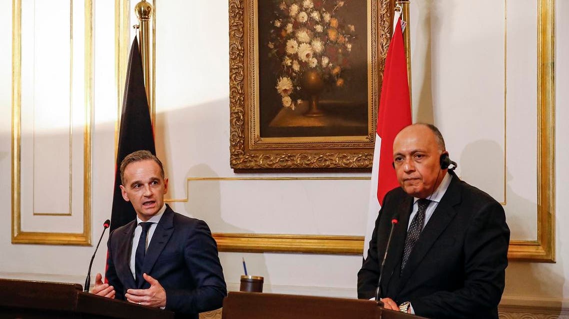 Egyptian Foreign Minister Sameh Shoukry (R) and his German Counterpart Heiko Maas give a joint press conference at al-Tahrir Palace in the Egyptian capital Cairo's Tahrir Square on October 29, 2019. (AFP)
