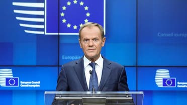 European Council President Donald Tusk addresses media representatives at a press conference during a European Union Summit at European Union Headquarters in Brussels on October 18, 2019. (AFP)