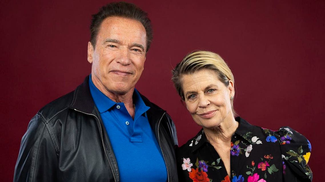 This Oct. 26, 2019 photo shows actor Arnold Schwarzenegger, left, and actress Linda Hamilton posing for a portrait to promote the film, "Terminator: Dark Fate" at the Four Seasons Hotel Los Angeles at Beverly Hills in Los Angeles. (AP)