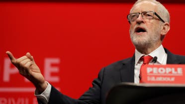 Jeremy Corbyn, leader of Britain's opposition Labour Party addresses party members during the Labour Party Conference at the Brighton Centre in Brighton, England, Tuesday, Sept. 24, 2019. (AP)