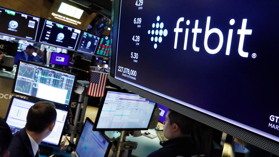 The logo for fItbit appears above a trading post on the floor of the New York Stock Exchange, Monday, Oct. 28, 2019. (AP)