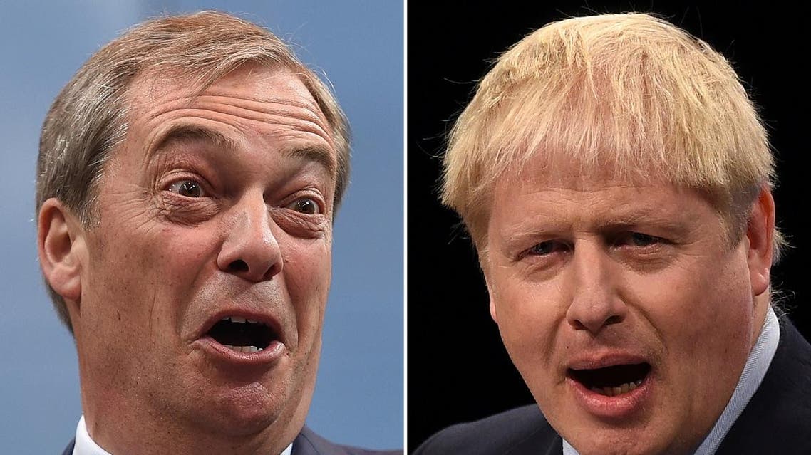 A combination of pictures created in London on November 1, 2019 shows Britain's Prime Minister and Conservative Party leader Boris Johnson (R) and Brexit Party leader Nigel Farage (L) giving speeches. (AFP)