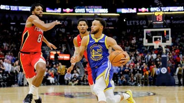 Golden State Warriors guard Stephen Curry (30) drives past New Orleans Pelicans guard Josh Hart (3) and center Jahlil Okafor (8) during the first quarter at the Smoothie King Center. Mandatory Credit: Derick E. Hingle-USA TODAY Sports