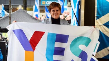 Scottish Nationalist Party (SNP) leader Nicola Sturgeon, Scotland’s First Minister gestures after she addresses a rally calling for Scottish independence in Glasgow on November 2, 2019. (AFP)