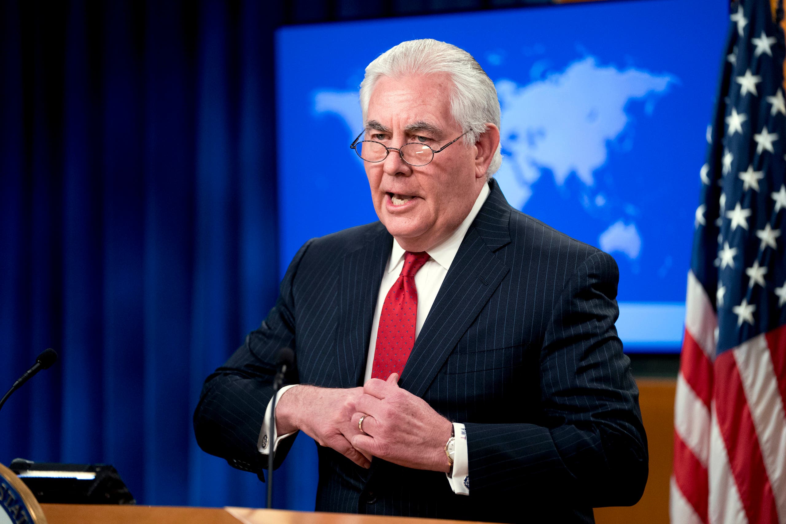 Secretary of State Rex Tillerson speaks at a news conference at the State Department in Washington, Tuesday, March 13, 2018. (AP)