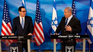 Israeli Prime Minister Benjamin Netanyahu and U.S. Treasury Secretary Steven Mnuchin deliver joint statements during their meeting in Jerusalem, Monday, Oct. 28, 2019. (Ronen Zvulun/Pool Photo via AP)