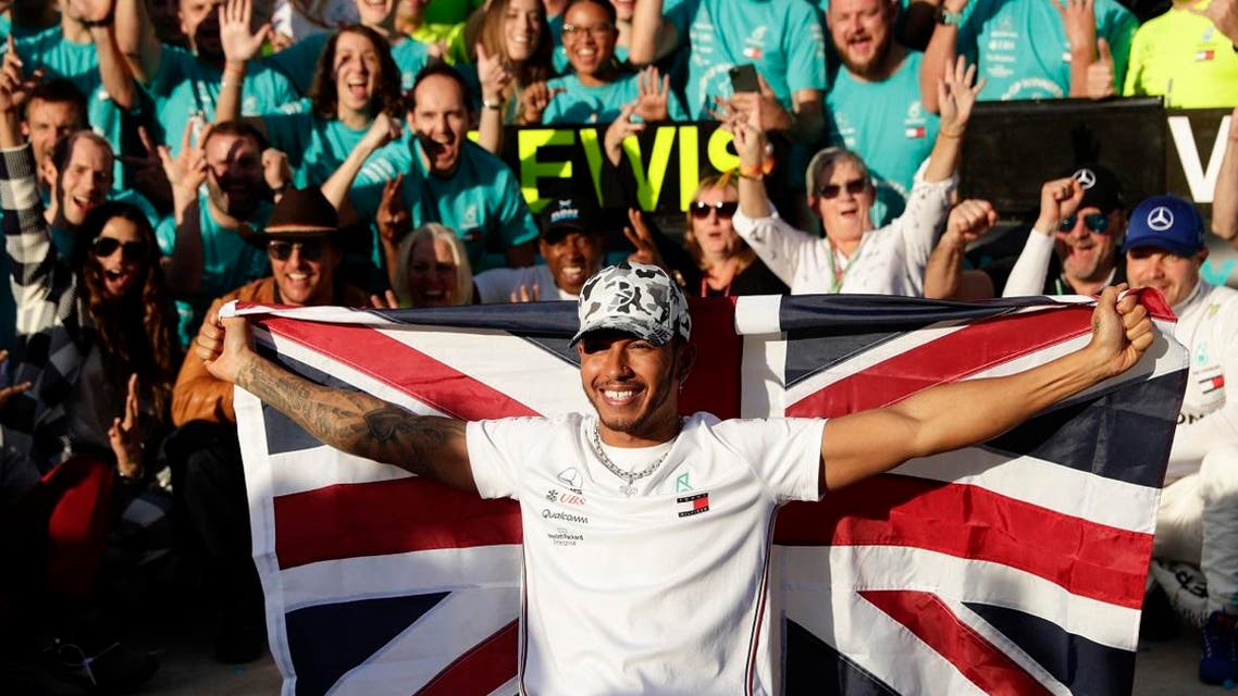Mercedes driver Lewis Hamilton, of Britain, celebrates following the Formula One US Grand Prix auto race at the Circuit of the Americas, on November 3, 2019, in Austin, Texas. (AP)