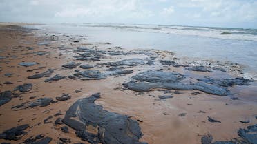 In this Sept. 25, 2019 photo released by the Sergipe state Government, spilt oil lays on the beach on Sergipe state, Brazil. (AP)