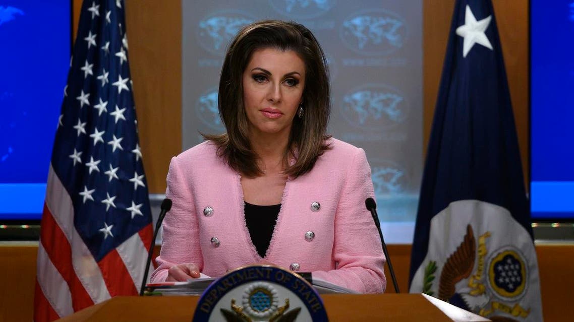 US State Department spokesperson Morgan Ortagus stands at the lectern during a press conference at the US Department of State in Washington, DC on June 10, 2019. (AFP)