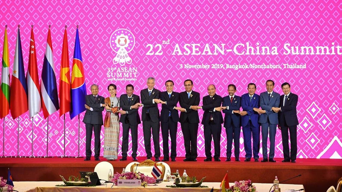 A group photo during the 22nd ASEAN-China Summit in Bangkok on November 3, 2019, on the sidelines of the 35th Association of Southeast Asian Nations (ASEAN) Summit. (AFP)