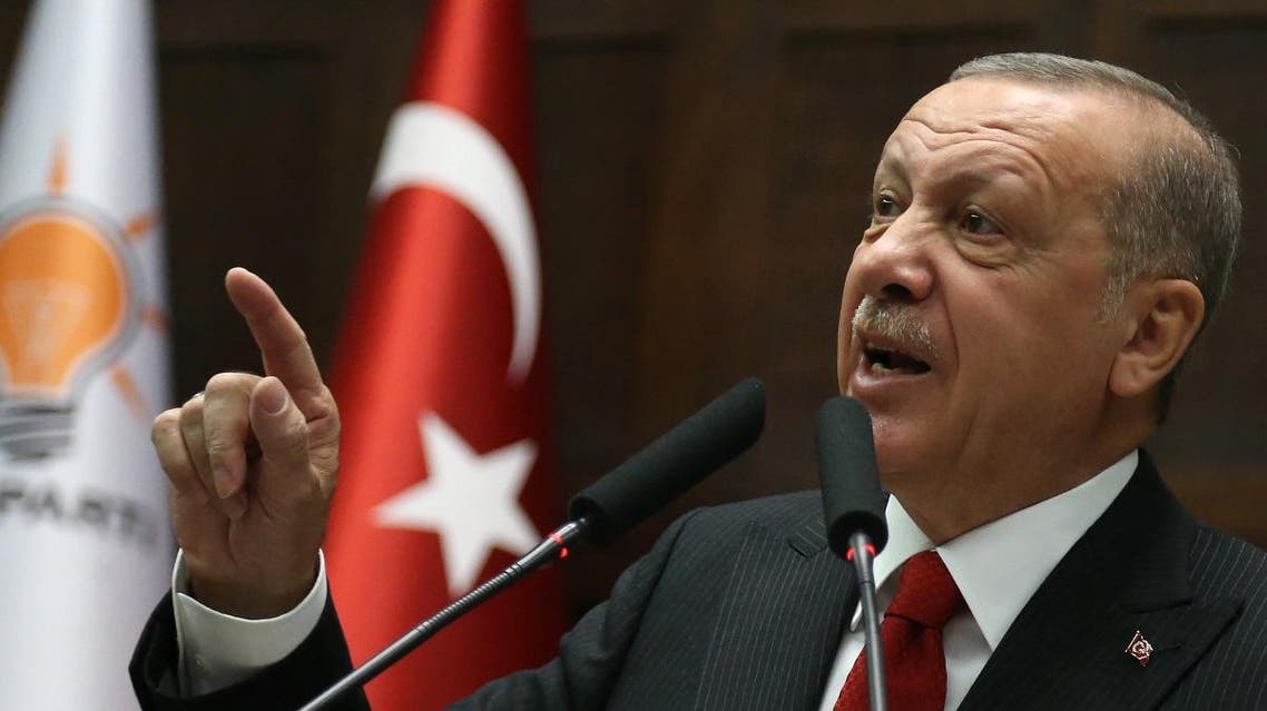 Turkish President and Leader of Turkey's ruling Justice and Development (AK) Party Recep Tayyip Erdogan speaks during his party's parliamentary group meeting at the Grand National Assembly of Turkey in Ankara, on November 5, 2019. (AFP)