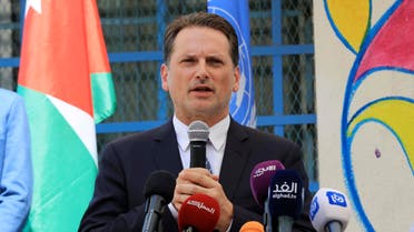 Pierre Krahenbuhl, Commissioner-General of the United Nations Relief and Works Agency for Palestine Refugees (UNRWA), attends a ceremony to mark the return to school at one of the UNRWA schools at a Palestinian refugee camp Al-Wehdat, in Amman, Jordan, Sunday, Sept. 2, 2018. (AP Photo / Raad Adayleh)