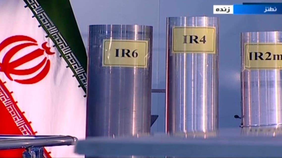 In this June 6, 2018 frame grab from the Islamic Republic Iran Broadcasting, IRIB, state-run TV, three versions of domestically-built centrifuges are shown in a live TV program from Natanz, an Iranian uranium enrichment plant, in Iran. (IRIB via AP)