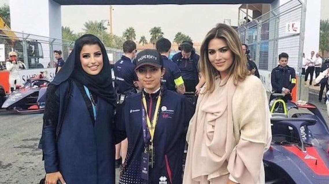 Carla DiBello with the first female board member of the Saudi Arabian Motor Federation Aseel Al Hamad and first Emirati female racing driver Amna Al Qubaisi. (Supplied)