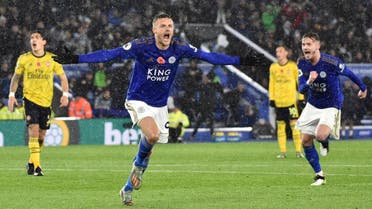 Leicester’s Jamie Vardy celebrates after scoring the opening goal during the English Premier League soccer match between Leicester City and Arsenal on November 9, 2019. (AP) 