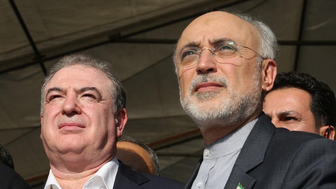 Iran's Atomic Energy Organization head Ali Akbar Salehi (R) and Russia's Rosatom deputy director-general for Operational Management Alexander Lokshin look on during an official ceremony to kick-start works for a second nuclear reactor at Bushehr power plant, on November 10, 2019. (AFP)