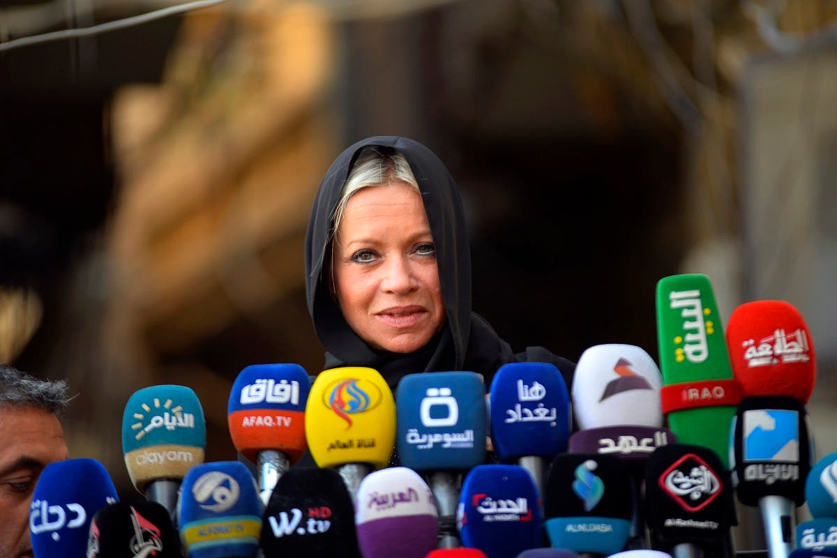 Jeanine Hennis-Plasschaert, UN Special Representative for Iraq and Head of the United Nations Assistance Mission for Iraq (UNAMI), speaks during a press conference following a meeting with Iraqi Shiite cleric Grand Ayatollah Ali al-Sistani in Iraq's holy city of Najaf on November 11, 2019. (AFP)