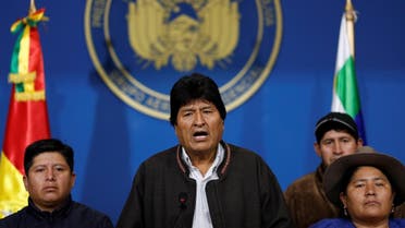 Bolivia's President Evo Morales addresses the media at the presidential hangar in the Bolivian Air Force terminal in El Alto, Bolivia. (Reuters)