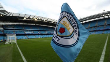 The club logo decorates a corner flag before the English Premier League soccer match between Manchester City and Newcastle United at the Etihad Stadium in Manchester. (AP)