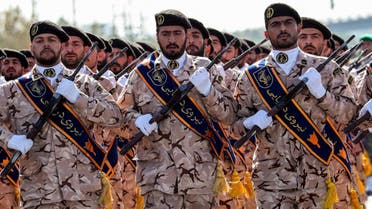 Members of Iran's Revolutionary Guards Corps (IRGC) march during the annual military parade marking the anniversary of the outbreak of the devastating 1980-1988 war with Saddam Hussein's Iraq, in the capital Tehran on September 22, 2018. (AFP)