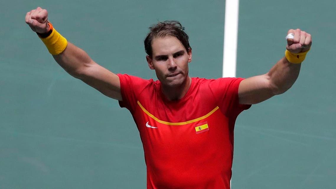Spain’s Rafael Nadal celebrates his victory over Russia’s Karen Khachanov during their Davis Cup tennis match in Madrid, Spain, Tuesday, Nov. 19, 2019. (AP)