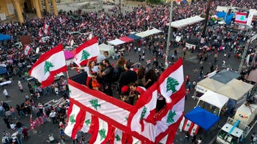 In this photo from a drone, anti-government protesters gather during separate civil parade at the Martyr square, in downtown Beirut, Lebanon, on November 22, 2019. (AP)