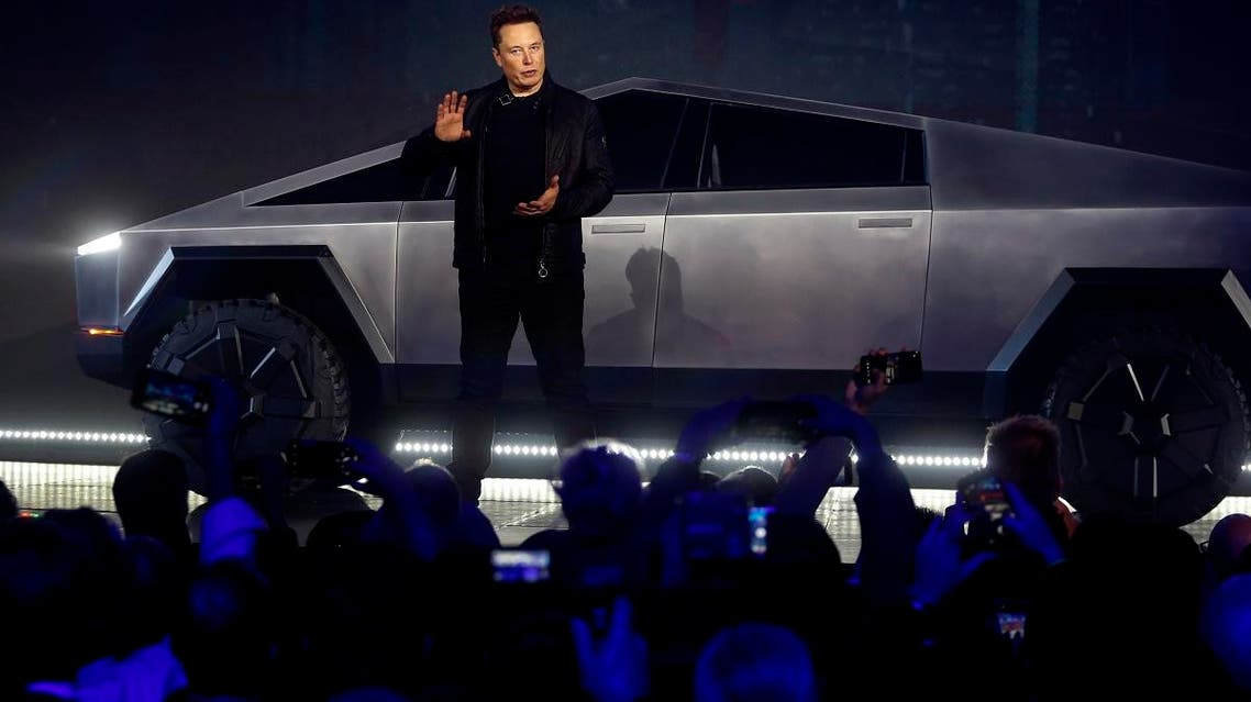 Tesla CEO Elon Musk introduces the Cybertruck at Tesla's design studio on November 21, 2019, in Hawthorne, California. (AP)