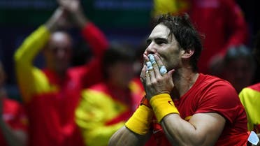 Spain's Rafael Nadal celebrates after defeating Canada's Denis Shapovalov during the final singles tennis match between Canada and Spain at the Davis Cup Madrid Finals 2019 in Madrid on November 24, 2019. (AFP)