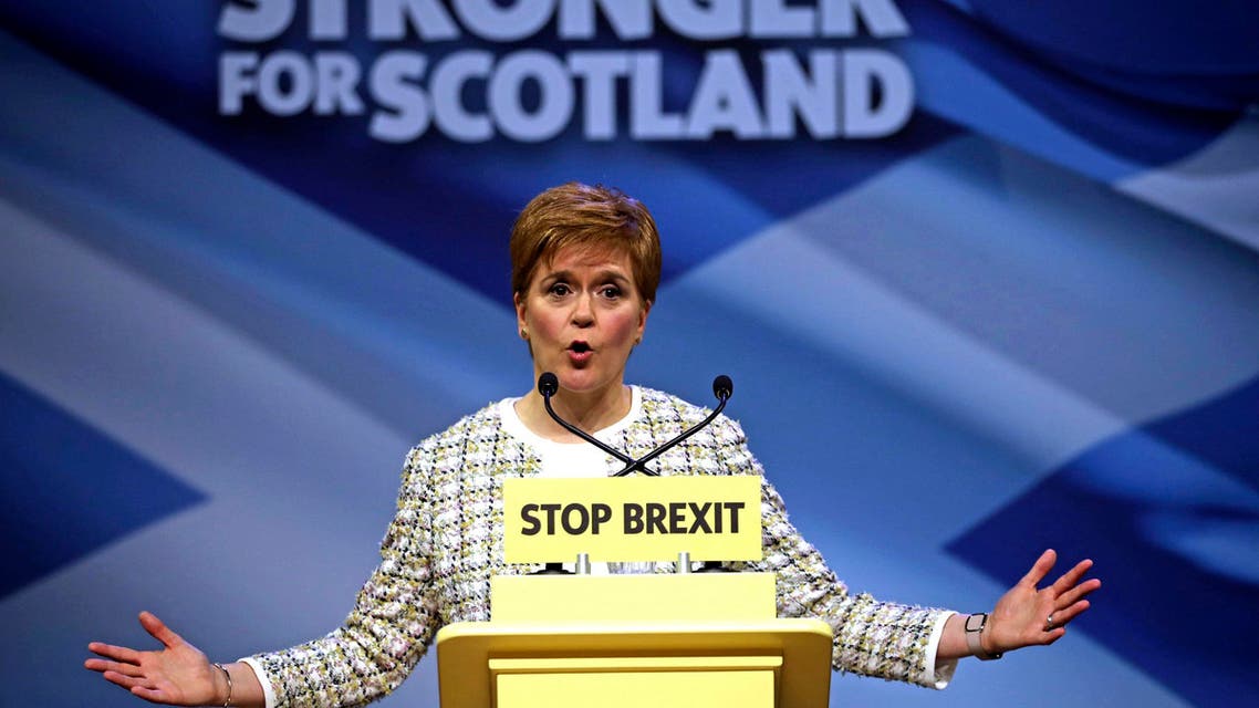 Scottish National Party Leader Nicola Sturgeon speaks at the SNP general election manifesto launch in Glasgow, during the general election campaign, Wednesday Nov. 27, 2019. (Jane Barlow/PA via AP)