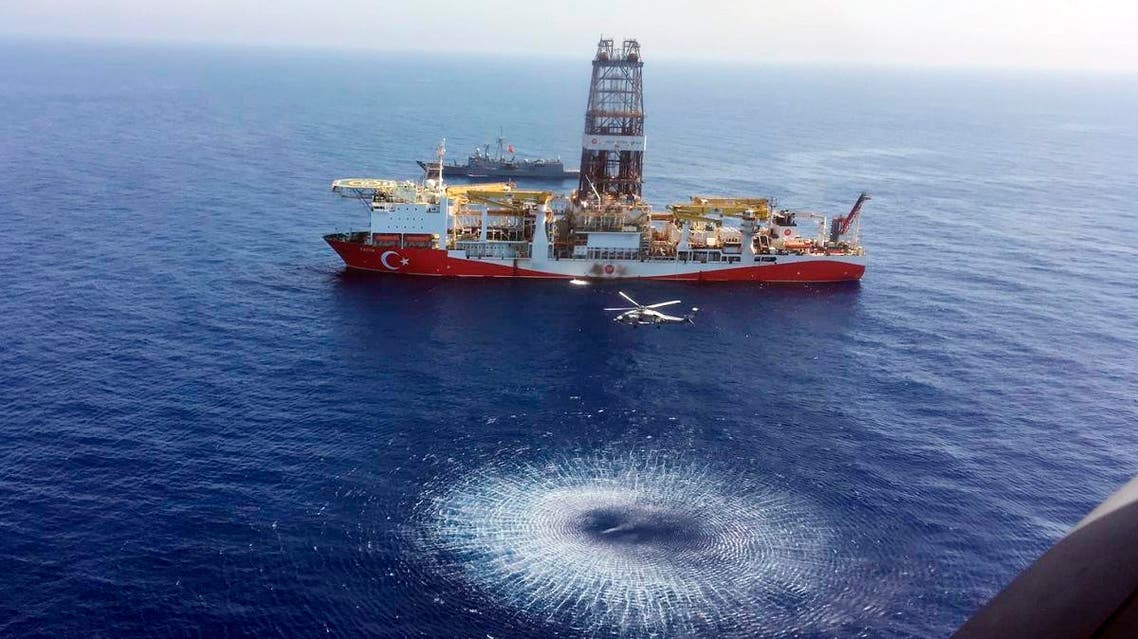 In this Tuesday, July 9, 2019 photo, a helicopter flies over Turkey’s drilling ship, ‘Fatih’ dispatched towards the eastern Mediterranean, near Cyprus. (File photo: AP)