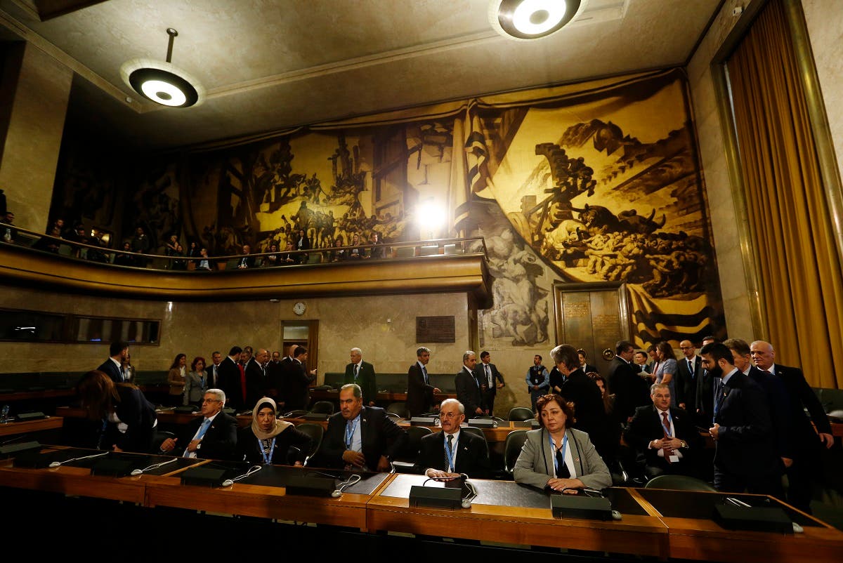 Members of the Syrian government delegation attend the first meeting of the new Syrian Constitutional Committee at the United Nations in Geneva on October 30, 2019. (AFP)
