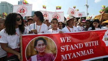 About 700 people rallied on December 1, 2019, in Yangon to show support for Myanmar’s leader, Aung San Suu Kyi, as she prepares to defend the country against charges of genocide at the UN’s highest court. (AP)