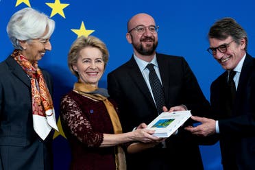 (From L) President of the European Central Bank (ECB) Christine Lagarde, European Commission President-elect Ursula von der Leyen, European Council President Charles Michel, European Parliament president David Sassoli pose for a picture to celebrate the 10th anniversary of the Lisbon Treaty on December 1, 2019. (AFP)