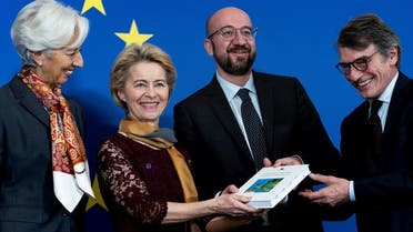 (From L) President of the European Central Bank (ECB) Christine Lagarde, European Commission President-elect Ursula von der Leyen, European Council President Charles Michel, European Parliament president David Sassoli pose for a picture to celebrate the 10th anniversary of the Lisbon Treaty on December 1, 2019. (AFP)