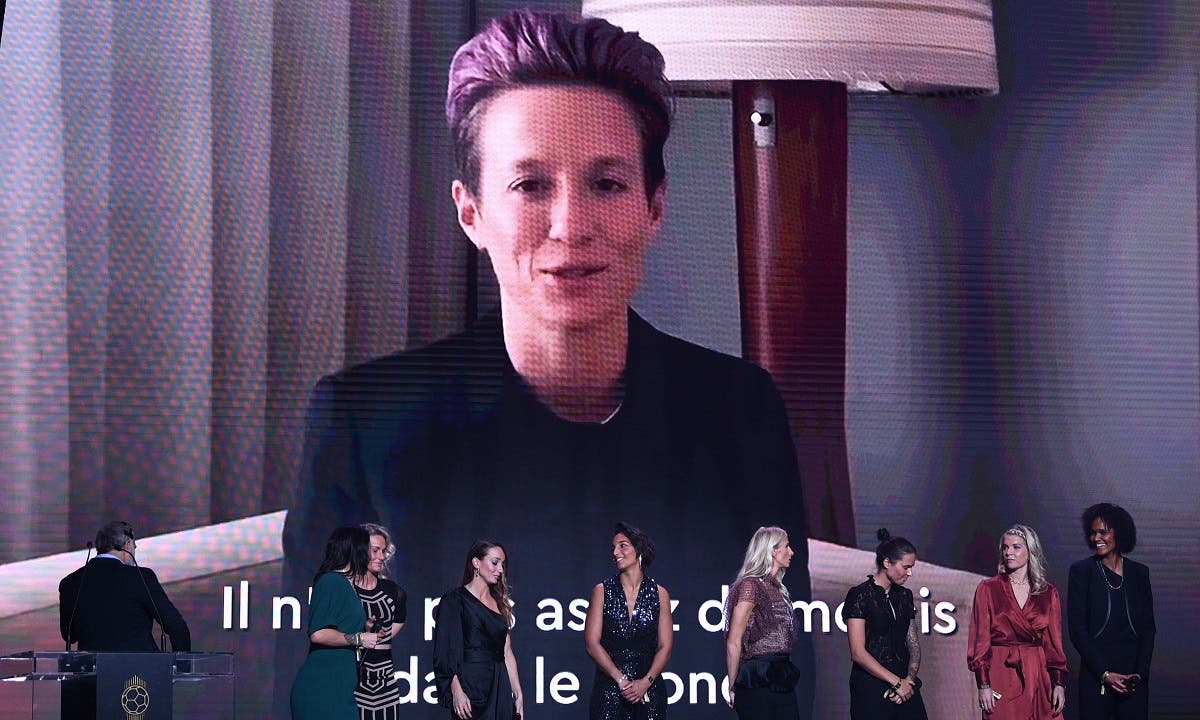 A video of US midfielder Megan Rapinoe is displayed after she won the Ballon d’Or France Football 2019 women's trophy at the Chatelet Theatre in Paris on December 2, 2019. (AFP)