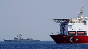 Turkish drilling vessel Yavuz is escorted by Turkish Navy frigate TCG Gemlik (F-492) in the eastern Mediterranean Sea off Cyprus, August 6, 2019. REUTERS