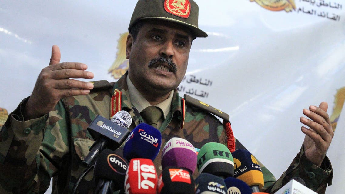 Brigadier General Ahmed al-Mesmari, spokesman of the self-proclaimed Libyan National Army (LNA) loyal to strongman Khalifa Haftar, speaks during a press conference in his office in Benghazi on April 20, 2019.