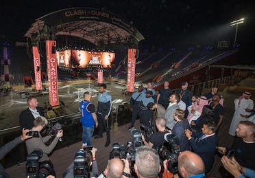 Andy Ruiz and Anthony Joshua face off during the press conference in Riyadh on December 4, 2019. (Supplied)