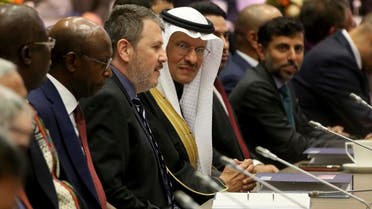  Prince Abdulaziz bin Salman Al-Saud (center), Minister of Energy of Saudi Arabia looks prior to the start of a meeting of the Organization of the Petroleum Exporting Countries (OPEC), at their headquarters in Vienna, Austria, on December 5, 2019. (AP)