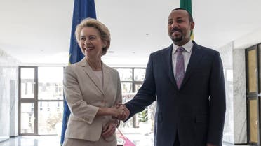 European Commission President Ursula von der Leyen (L) is welcomed by Ethiopia's Prime Minister Abiy Ahmed, during her visit to Addis Ababa on December 7, 2019. (AFP)