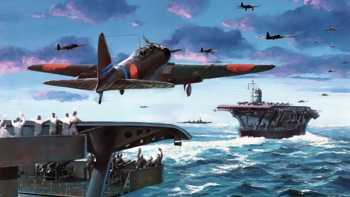رسم تخيلي يجسد اقلاع عدد من الطائرات الحربية اليابانية من على متن حاملات الطائرات في خضم الحرب العالمية الثانية
