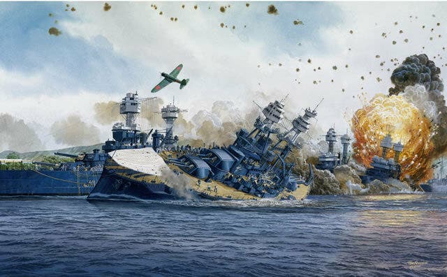 رسم تخيلي يجسد تدمير احدى القطع الحربية البحرية الأميركية ببيرل هاربر