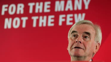 Britain’s Shadow Chancellor of the Exchequer John McDonnell speaks on the economy in London, Britain, on December 9, 2019. (Reuters)
