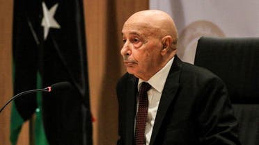Aguila Saleh Issa, speaker of Libya's fomerly-Tobruk-based House of Representatives which was elected in 2014, chairs the first session for the assembly at its new headquarters in the second city of Benghazi. (AFP)
