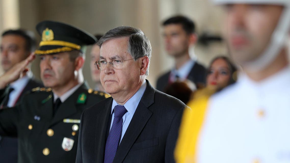 The new US Ambassador to Turkey David M. Satterfield pays his respects as he attends a wreath-laying ceremony at the Mausoleum of the Turkish Republic's founder Mustafa Kemal Ataturk (Anitkabir), in Ankara, on September 4, 2019. Adem ALTAN / AFP