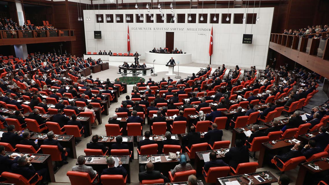 Turkish President Recep Tayyip Erdogan (C-R) attends the opening of the third legislative session of the Turkish parliament’s 27th term on October 1, 2019 at the Grand National Assembly of Turkey (TBMM) in Ankara.