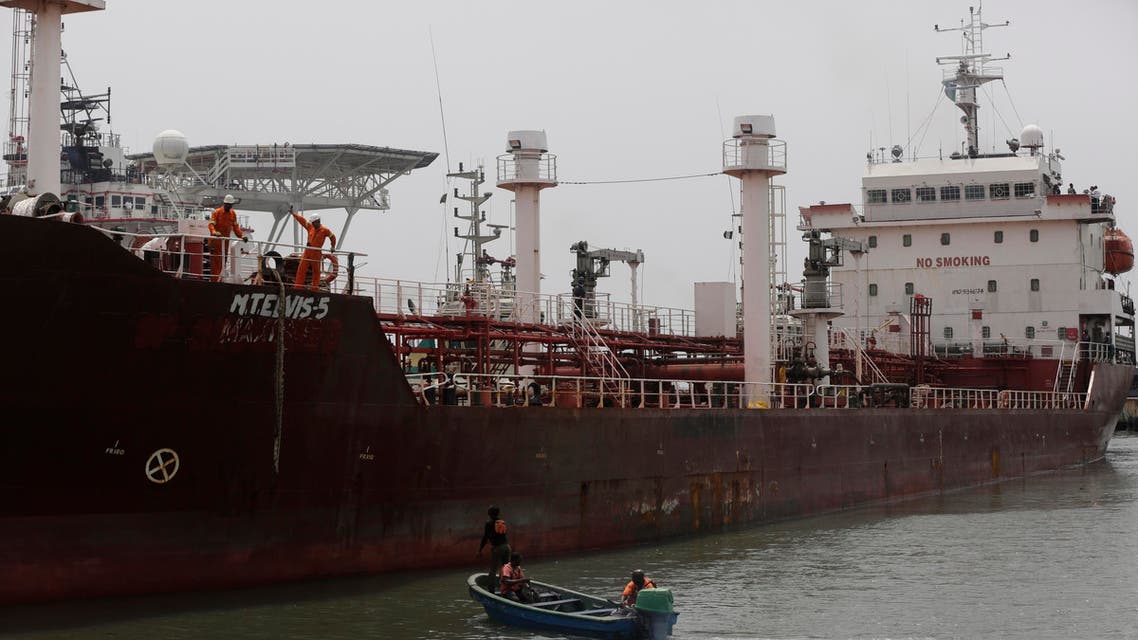 File photo shows a rescued Panama-flagged Maximus vessel at the Naval dock yard in Nigeria. (AP)